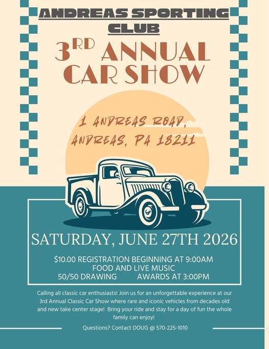 Annual Andreas Sporting Club Car Show – Registration is day of show ON SITE ONLY